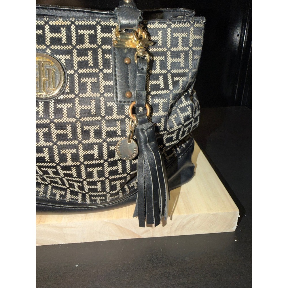 Tommy Hilfiger Tote Bag Black White Monogram Canvas Leather Straps - Picture 6 of 14